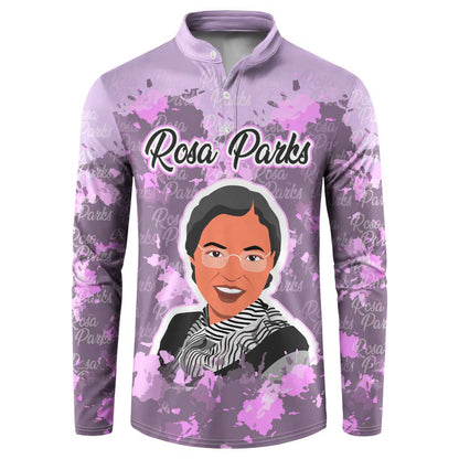 Rosa Parks Button Sweatshirt Purple Floral Pattern Civil Rights Tribute Bold Name Repeated Text Design