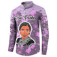 Rosa Parks Button Sweatshirt Purple Floral Pattern Civil Rights Tribute Bold Name Repeated Text Design