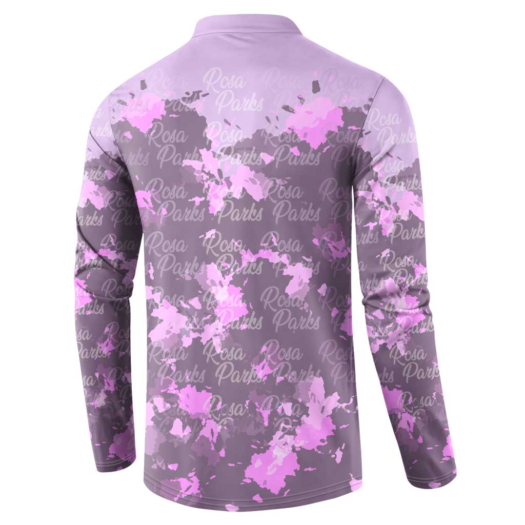 Rosa Parks Button Sweatshirt Purple Floral Pattern Civil Rights Tribute Bold Name Repeated Text Design