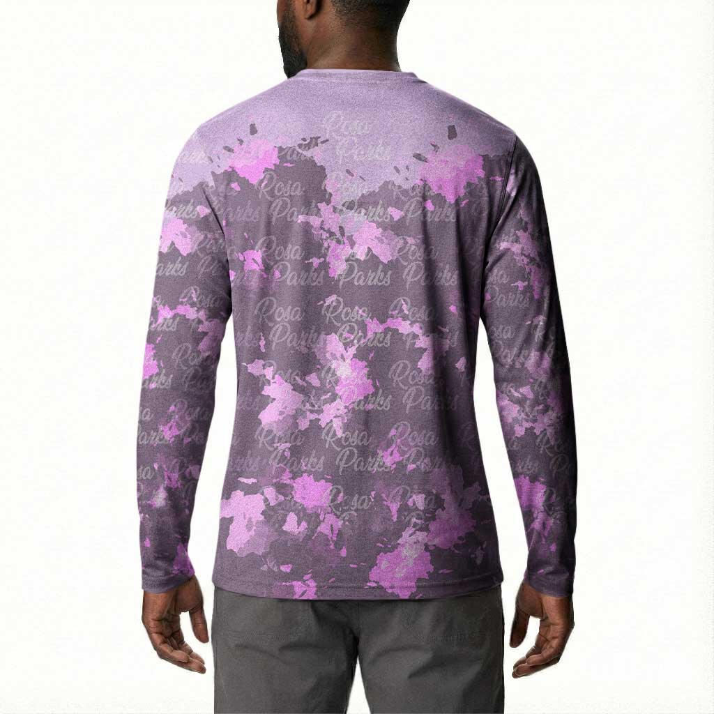 Rosa Parks Button Sweatshirt Purple Floral Pattern Civil Rights Tribute Bold Name Repeated Text Design