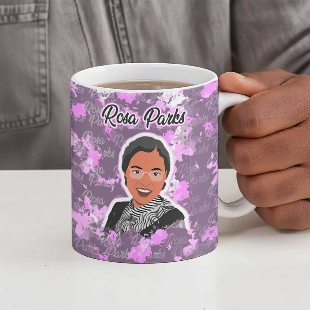 Rosa Parks Ceramic Mug Purple Floral Pattern Civil Rights Tribute Bold Name Repeated Text Design - African Pride