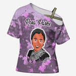 Rosa Parks Cross Shoulder Shirt Purple Floral Pattern Civil Rights Tribute Bold Name Repeated Text Design - African Pride