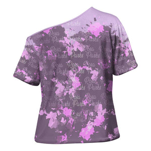 Rosa Parks Cross Shoulder Shirt Purple Floral Pattern Civil Rights Tribute Bold Name Repeated Text Design - African Pride