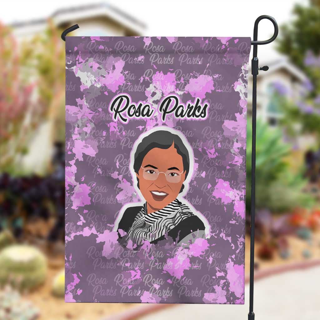 Rosa Parks Garden Flag Purple Floral Pattern Civil Rights Tribute Bold Name Repeated Text Design - African Pride