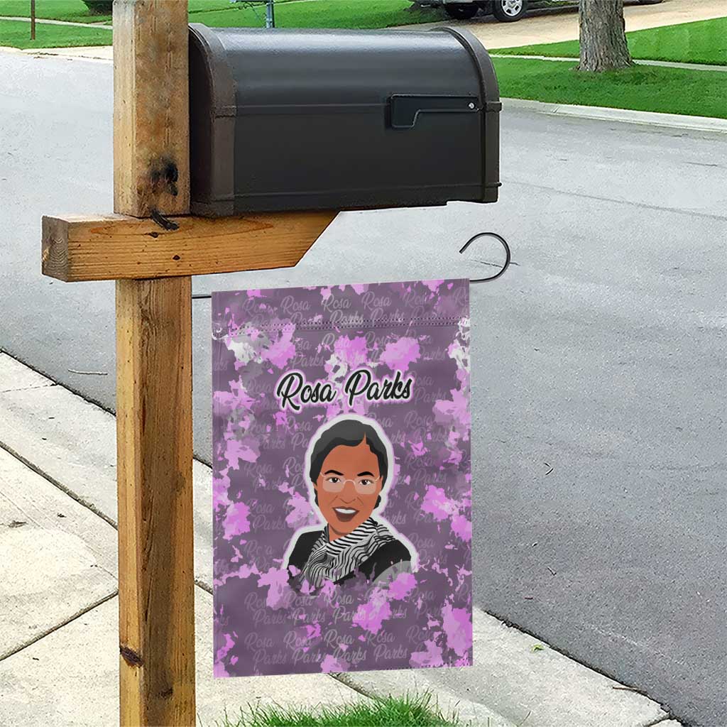 Rosa Parks Garden Flag Purple Floral Pattern Civil Rights Tribute Bold Name Repeated Text Design - African Pride