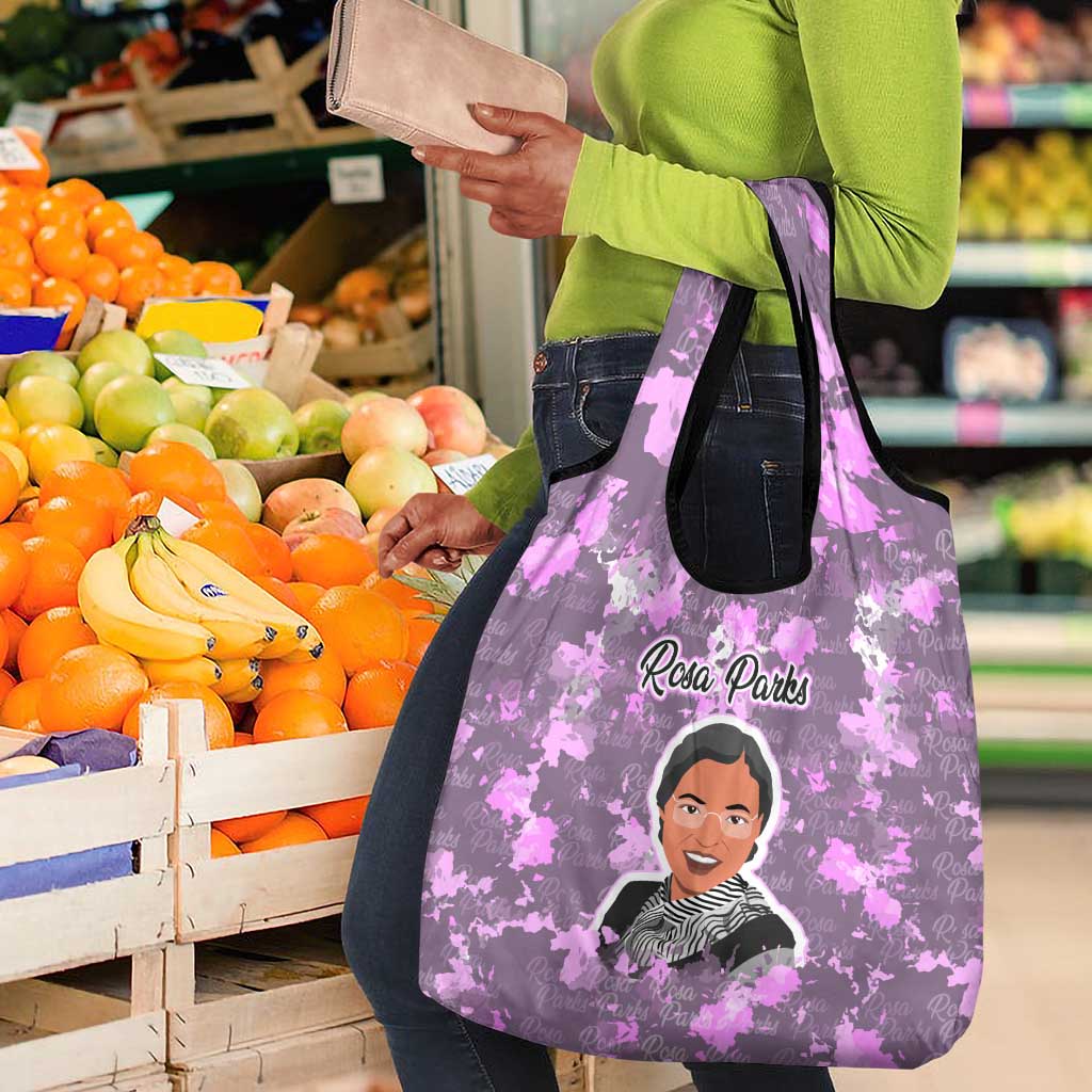 Rosa Parks Grocery Bag Purple Floral Pattern Civil Rights Tribute Bold Name Repeated Text Design - African Pride