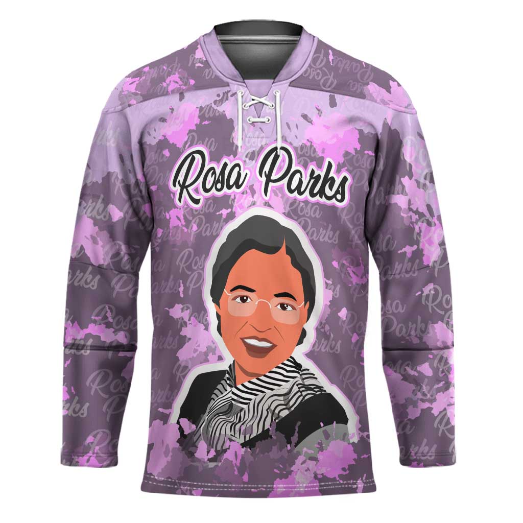 Rosa Parks Hockey Jersey Purple Floral Pattern Civil Rights Tribute Bold Name Repeated Text Design - African Pride