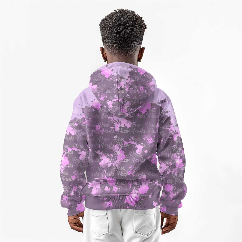 Rosa Parks Kid Hoodie Purple Floral Pattern Civil Rights Tribute Bold Name Repeated Text Design - African Pride