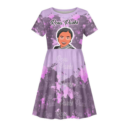 Rosa Parks Kid Short Sleeve Dress Purple Floral Pattern Civil Rights Tribute Bold Name Repeated Text Design TS04