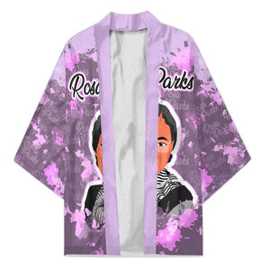 Rosa Parks Kimono Purple Floral Pattern Civil Rights Tribute Bold Name Repeated Text Design - African Pride