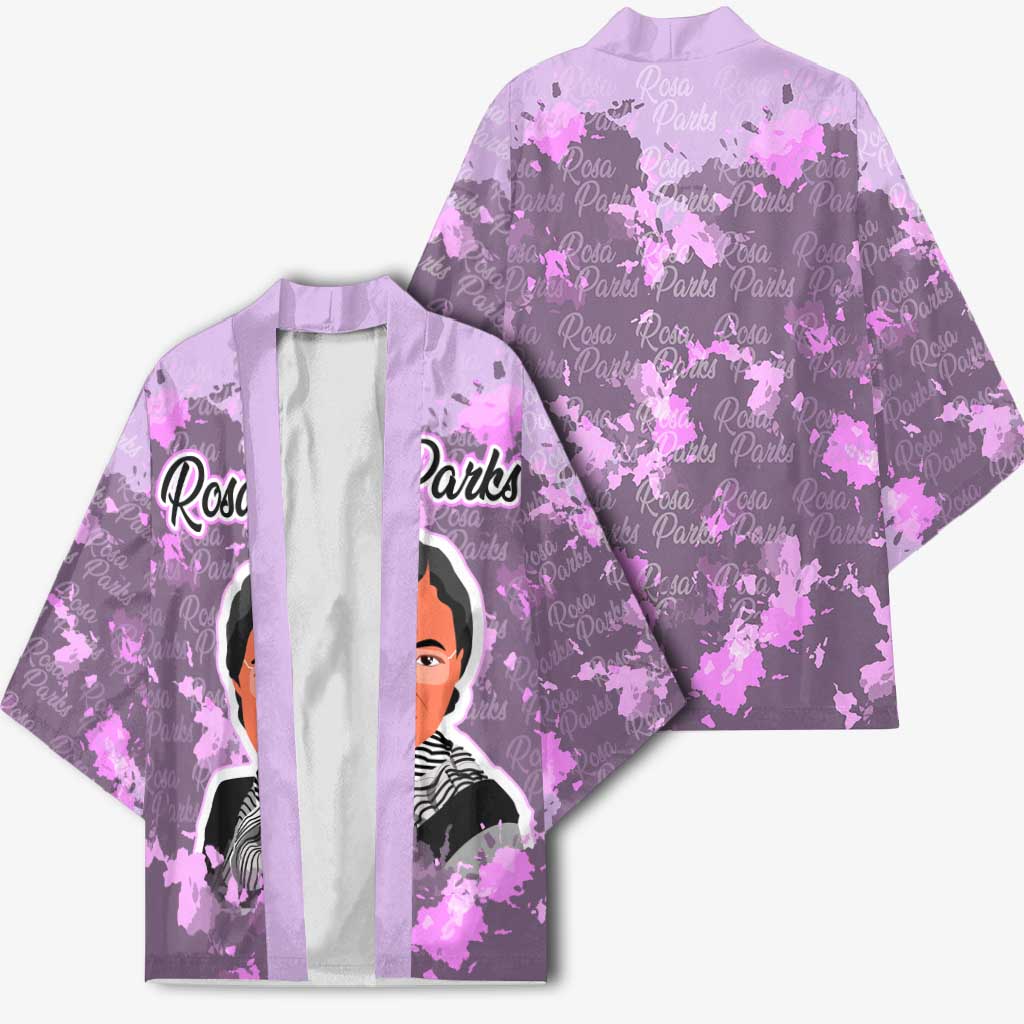 Rosa Parks Kimono Purple Floral Pattern Civil Rights Tribute Bold Name Repeated Text Design - African Pride