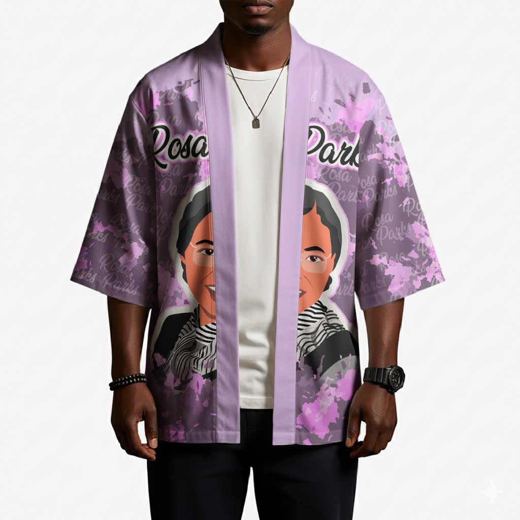 Rosa Parks Kimono Purple Floral Pattern Civil Rights Tribute Bold Name Repeated Text Design - African Pride