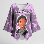 Rosa Parks Kimono Sleeve Blouse Purple Floral Pattern Civil Rights Tribute Bold Name Repeated Text Design - African Pride
