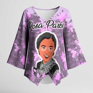 Rosa Parks Kimono Sleeve Blouse Purple Floral Pattern Civil Rights Tribute Bold Name Repeated Text Design - African Pride