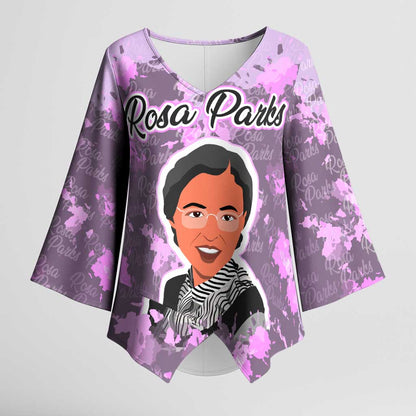 Rosa Parks Kimono Sleeve Blouse Purple Floral Pattern Civil Rights Tribute Bold Name Repeated Text Design - African Pride