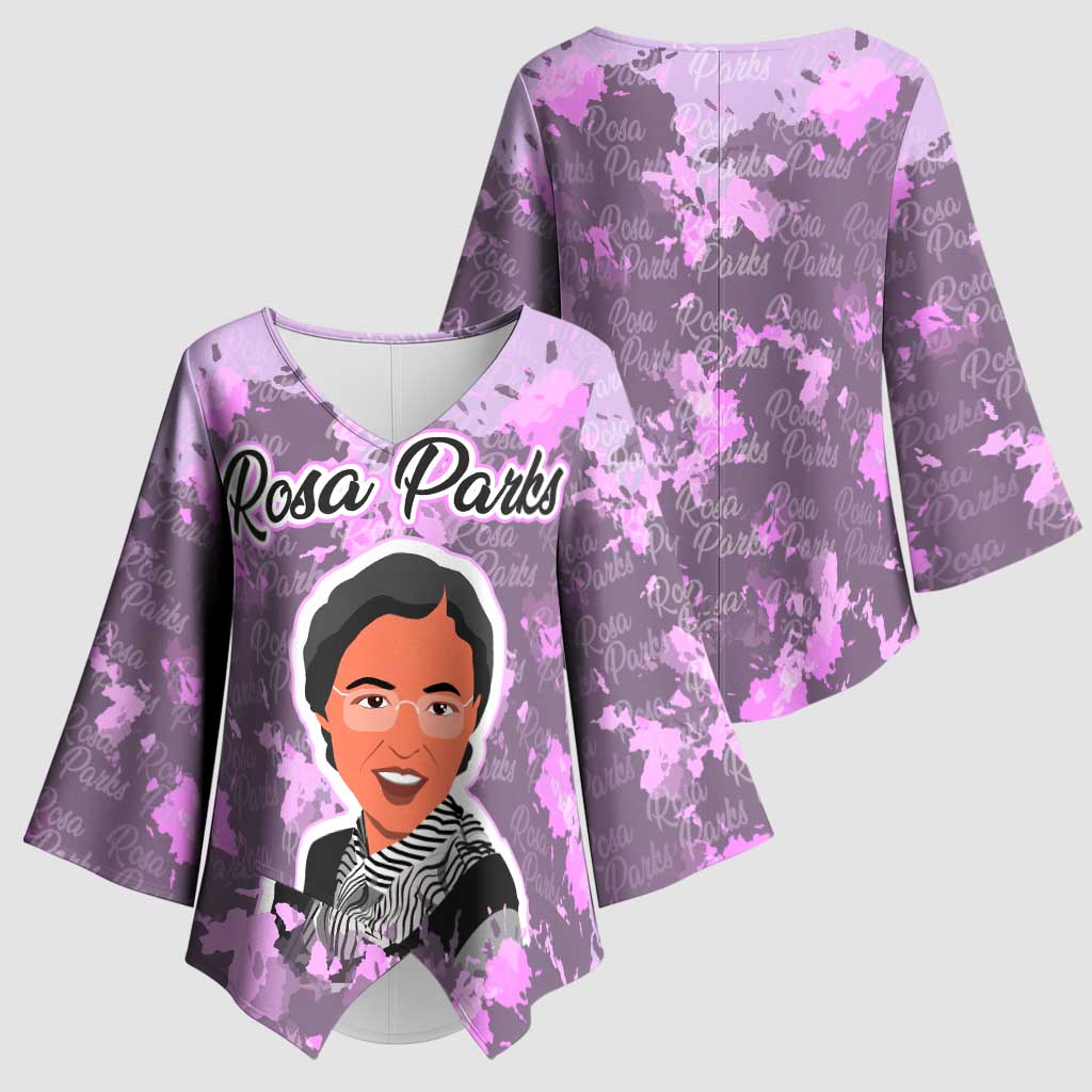 Rosa Parks Kimono Sleeve Blouse Purple Floral Pattern Civil Rights Tribute Bold Name Repeated Text Design - African Pride
