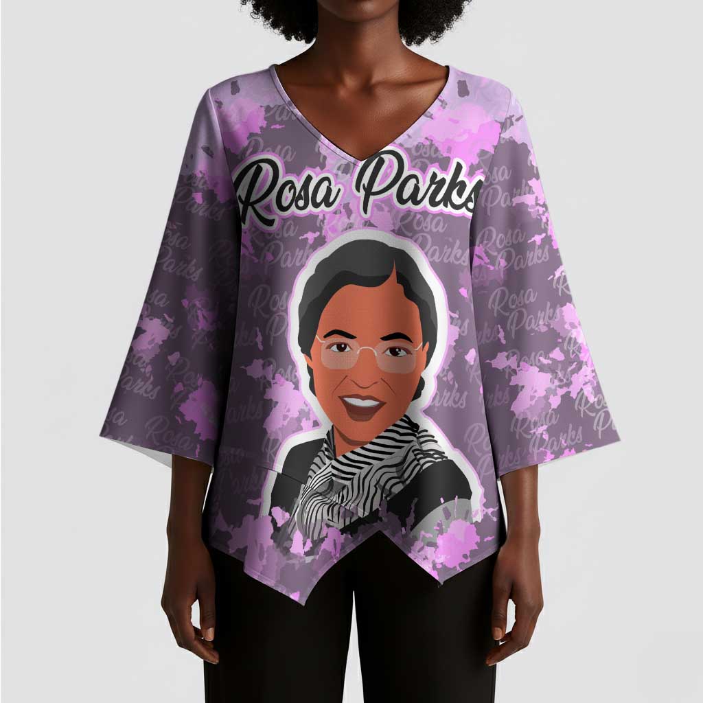 Rosa Parks Kimono Sleeve Blouse Purple Floral Pattern Civil Rights Tribute Bold Name Repeated Text Design - African Pride