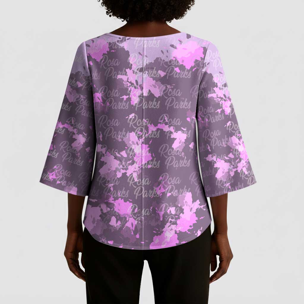 Rosa Parks Kimono Sleeve Blouse Purple Floral Pattern Civil Rights Tribute Bold Name Repeated Text Design - African Pride