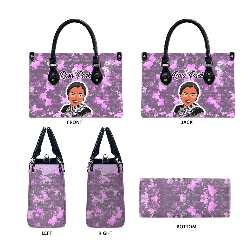 Rosa Parks Leather Bag Purple Floral Pattern Civil Rights Tribute Bold Name Repeated Text Design - African Pride