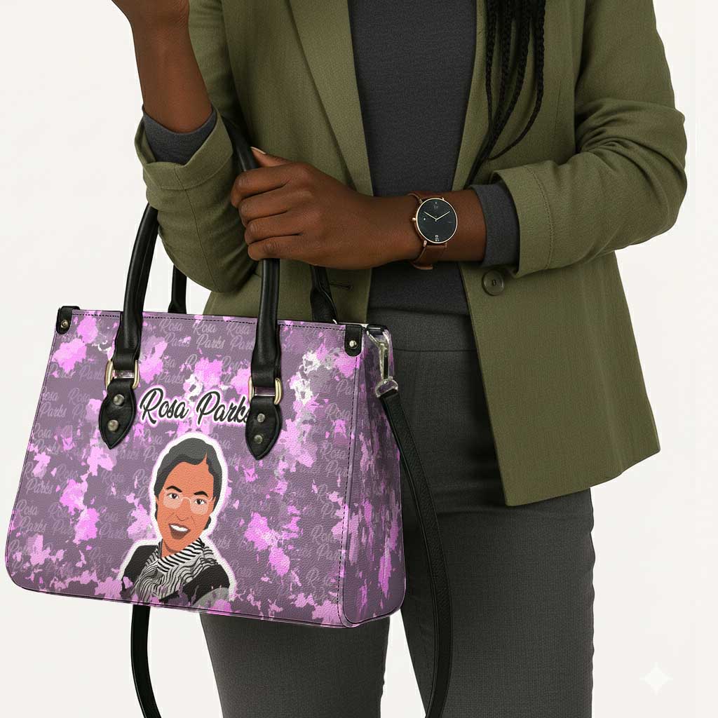 Rosa Parks Leather Bag Purple Floral Pattern Civil Rights Tribute Bold Name Repeated Text Design - African Pride