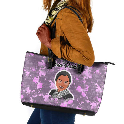 Rosa Parks Leather Tote Bag Purple Floral Pattern Civil Rights Tribute Bold Name Repeated Text Design - African Pride