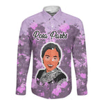 Rosa Parks Long Sleeve Button Shirt Purple Floral Pattern Civil Rights Tribute Bold Name Repeated Text Design - African Pride