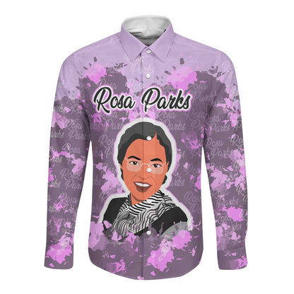 Rosa Parks Long Sleeve Button Shirt Purple Floral Pattern Civil Rights Tribute Bold Name Repeated Text Design - African Pride