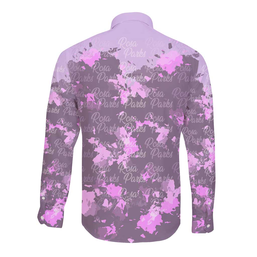 Rosa Parks Long Sleeve Button Shirt Purple Floral Pattern Civil Rights Tribute Bold Name Repeated Text Design - African Pride
