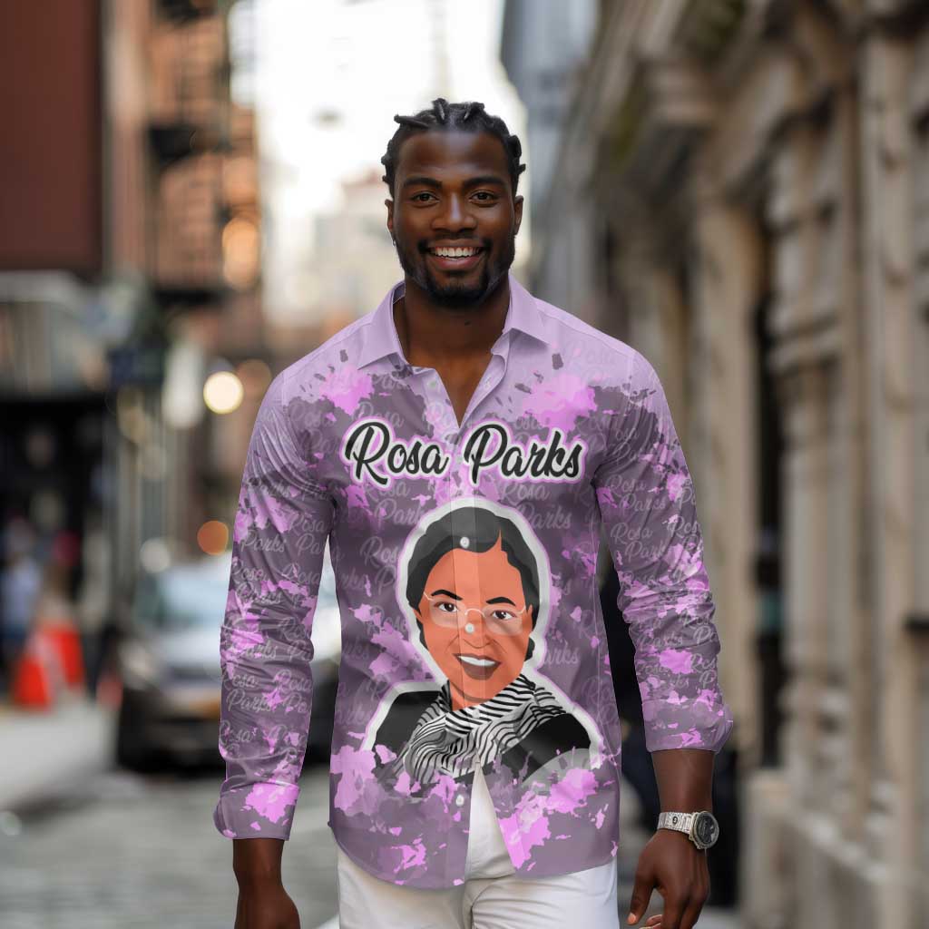 Rosa Parks Long Sleeve Button Shirt Purple Floral Pattern Civil Rights Tribute Bold Name Repeated Text Design - African Pride