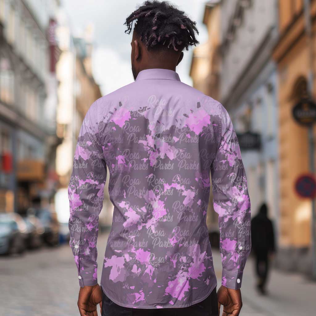 Rosa Parks Long Sleeve Button Shirt Purple Floral Pattern Civil Rights Tribute Bold Name Repeated Text Design - African Pride