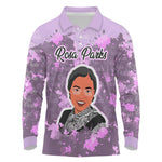 Rosa Parks Long Sleeve Polo Shirt Purple Floral Pattern Civil Rights Tribute Bold Name Repeated Text Design - African Pride