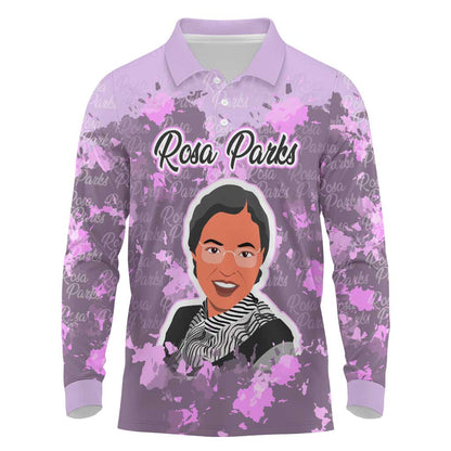 Rosa Parks Long Sleeve Polo Shirt Purple Floral Pattern Civil Rights Tribute Bold Name Repeated Text Design - African Pride