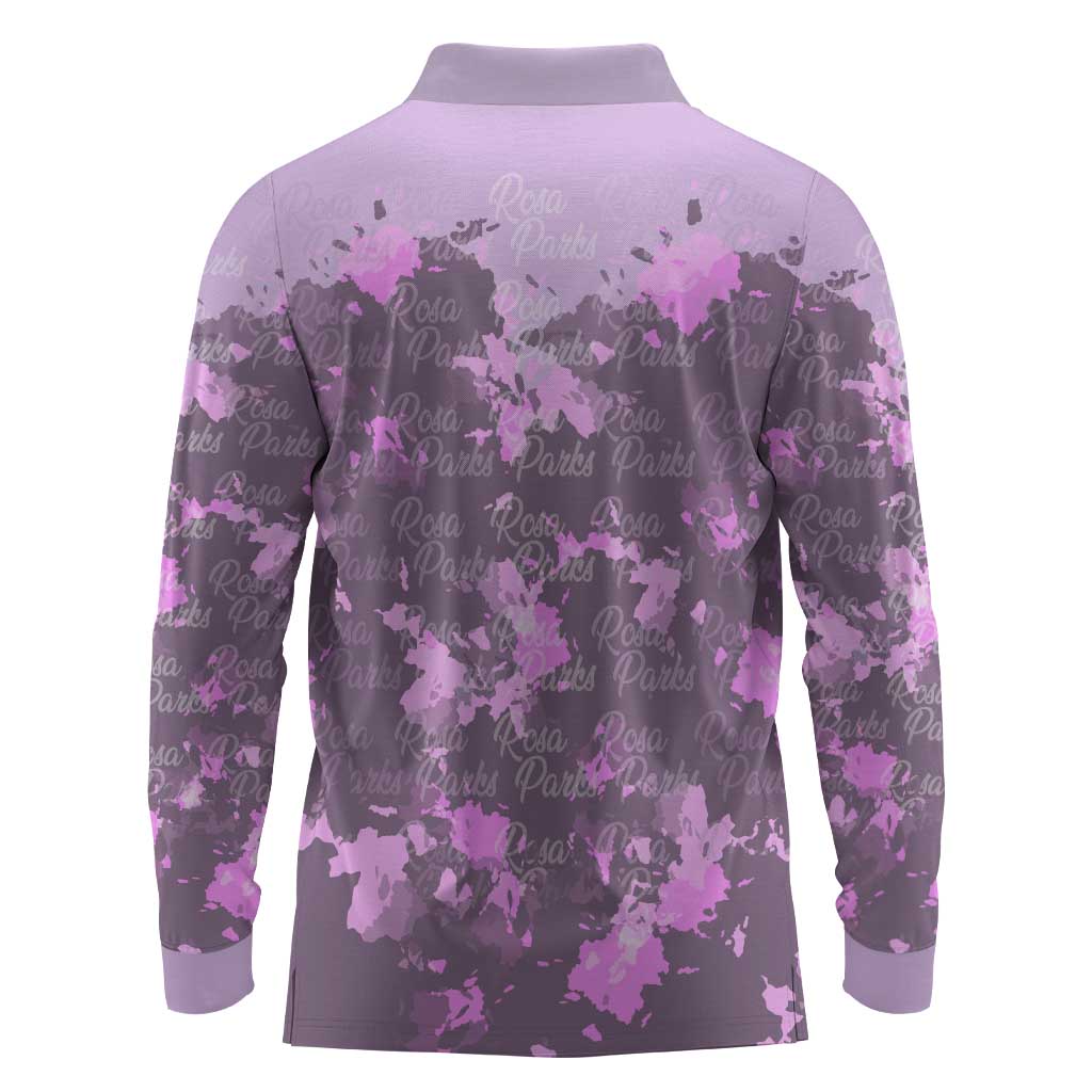 Rosa Parks Long Sleeve Polo Shirt Purple Floral Pattern Civil Rights Tribute Bold Name Repeated Text Design - African Pride