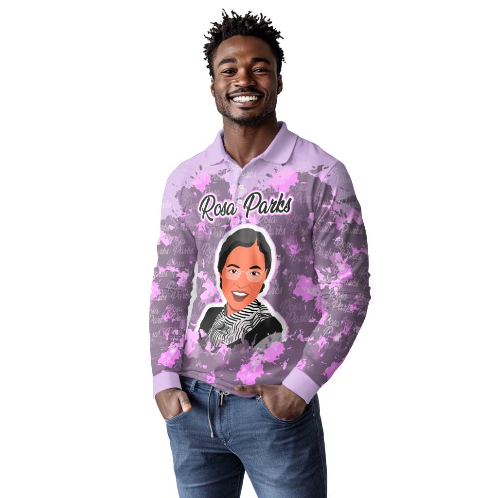 Rosa Parks Long Sleeve Polo Shirt Purple Floral Pattern Civil Rights Tribute Bold Name Repeated Text Design - African Pride
