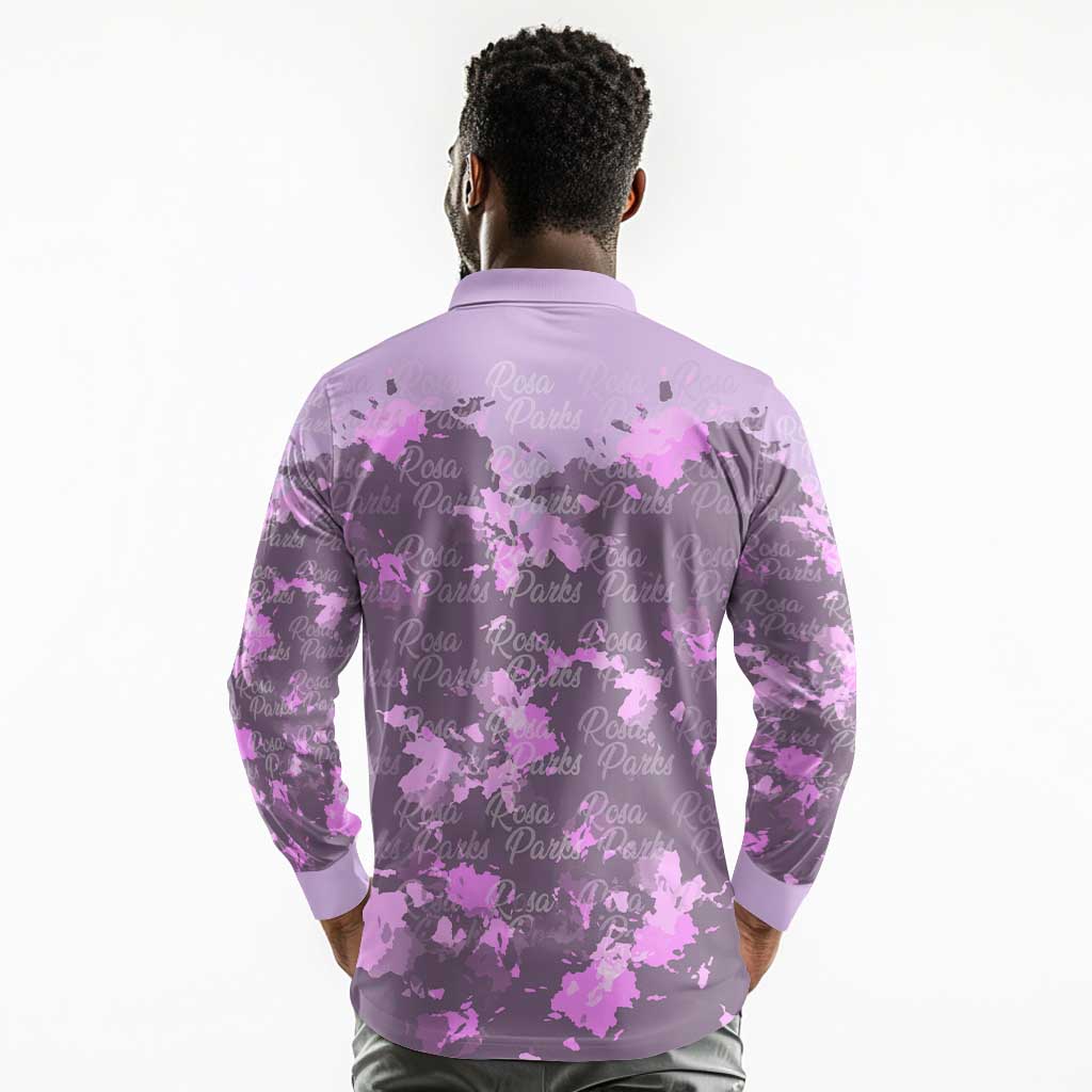 Rosa Parks Long Sleeve Polo Shirt Purple Floral Pattern Civil Rights Tribute Bold Name Repeated Text Design - African Pride