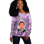 Rosa Parks Off Shoulder Sweater Purple Floral Pattern Civil Rights Tribute Bold Name Repeated Text Design - African Pride