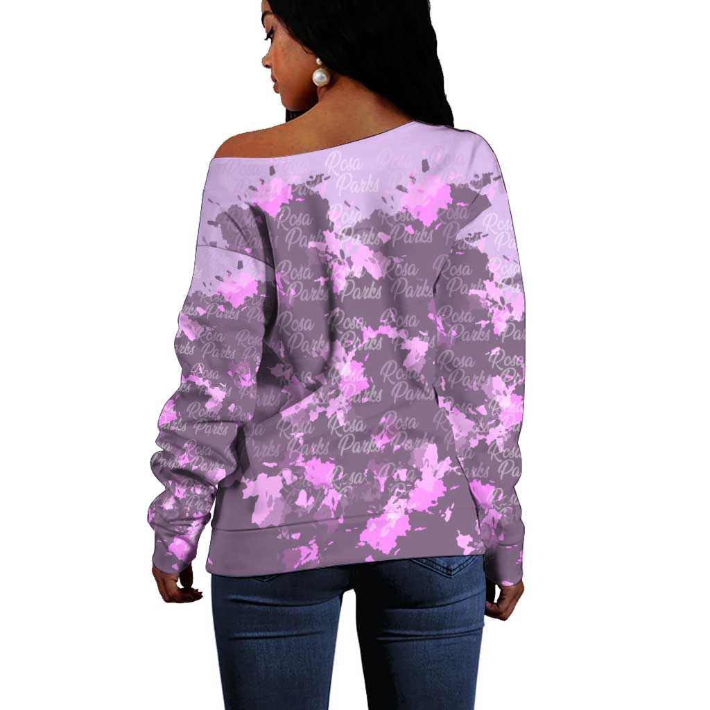 Rosa Parks Off Shoulder Sweater Purple Floral Pattern Civil Rights Tribute Bold Name Repeated Text Design - African Pride