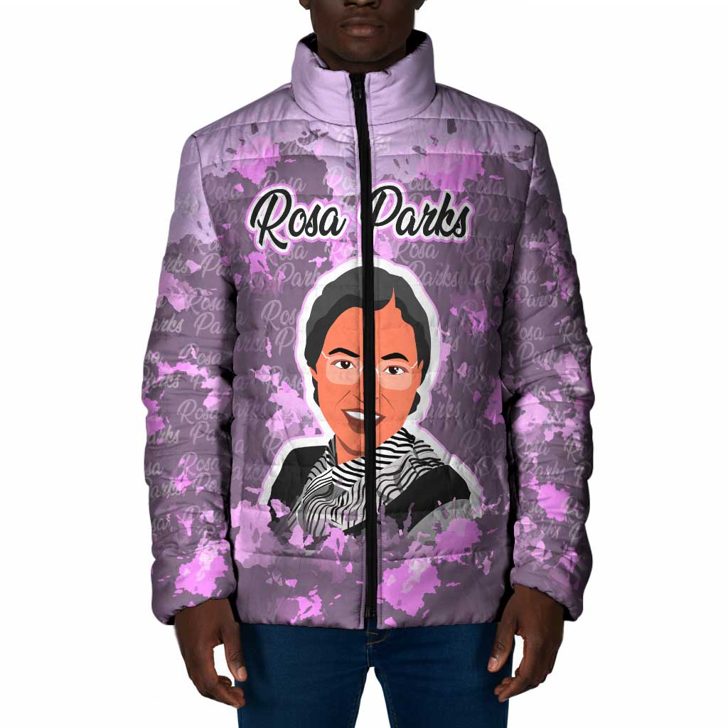 Rosa Parks Padded Jacket Purple Floral Pattern Civil Rights Tribute Bold Name Repeated Text Design - African Pride