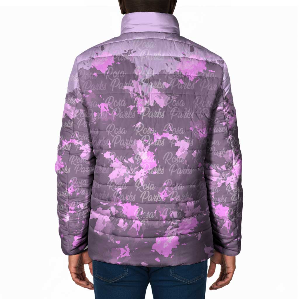Rosa Parks Padded Jacket Purple Floral Pattern Civil Rights Tribute Bold Name Repeated Text Design - African Pride
