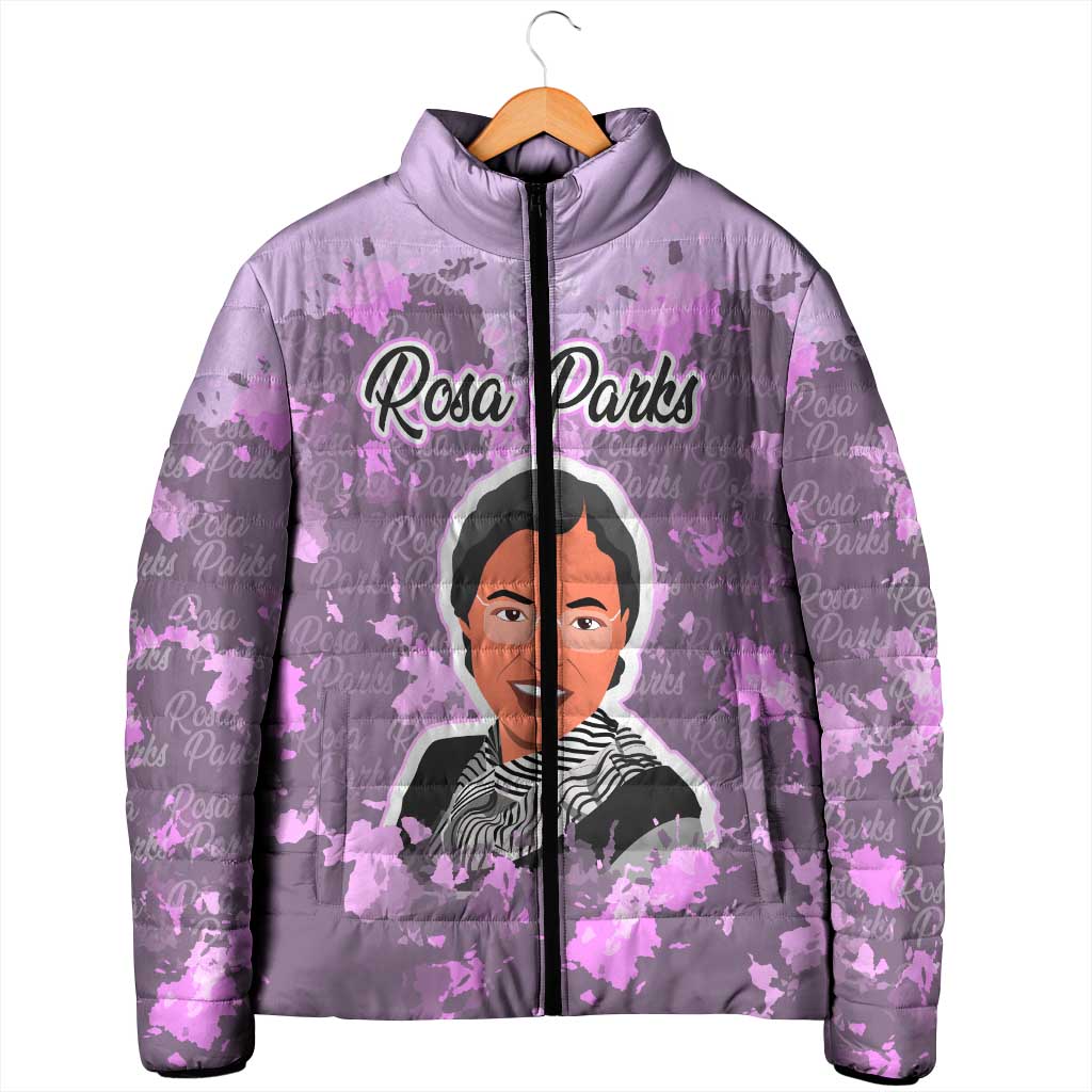 Rosa Parks Padded Jacket Purple Floral Pattern Civil Rights Tribute Bold Name Repeated Text Design - African Pride