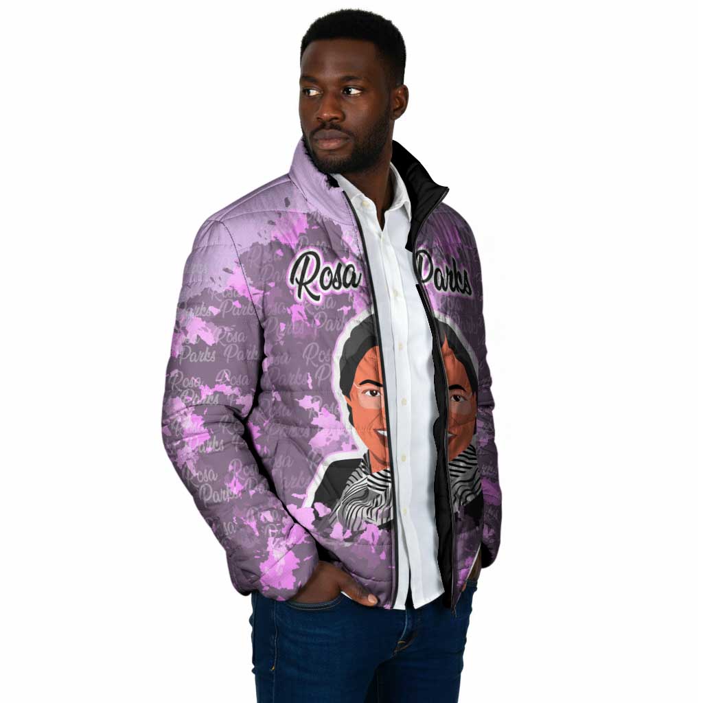 Rosa Parks Padded Jacket Purple Floral Pattern Civil Rights Tribute Bold Name Repeated Text Design - African Pride