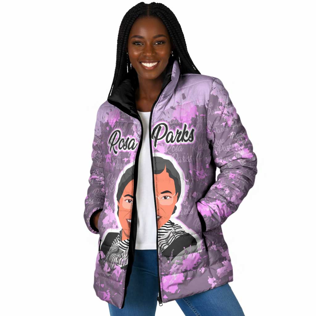 Rosa Parks Padded Jacket Purple Floral Pattern Civil Rights Tribute Bold Name Repeated Text Design - African Pride