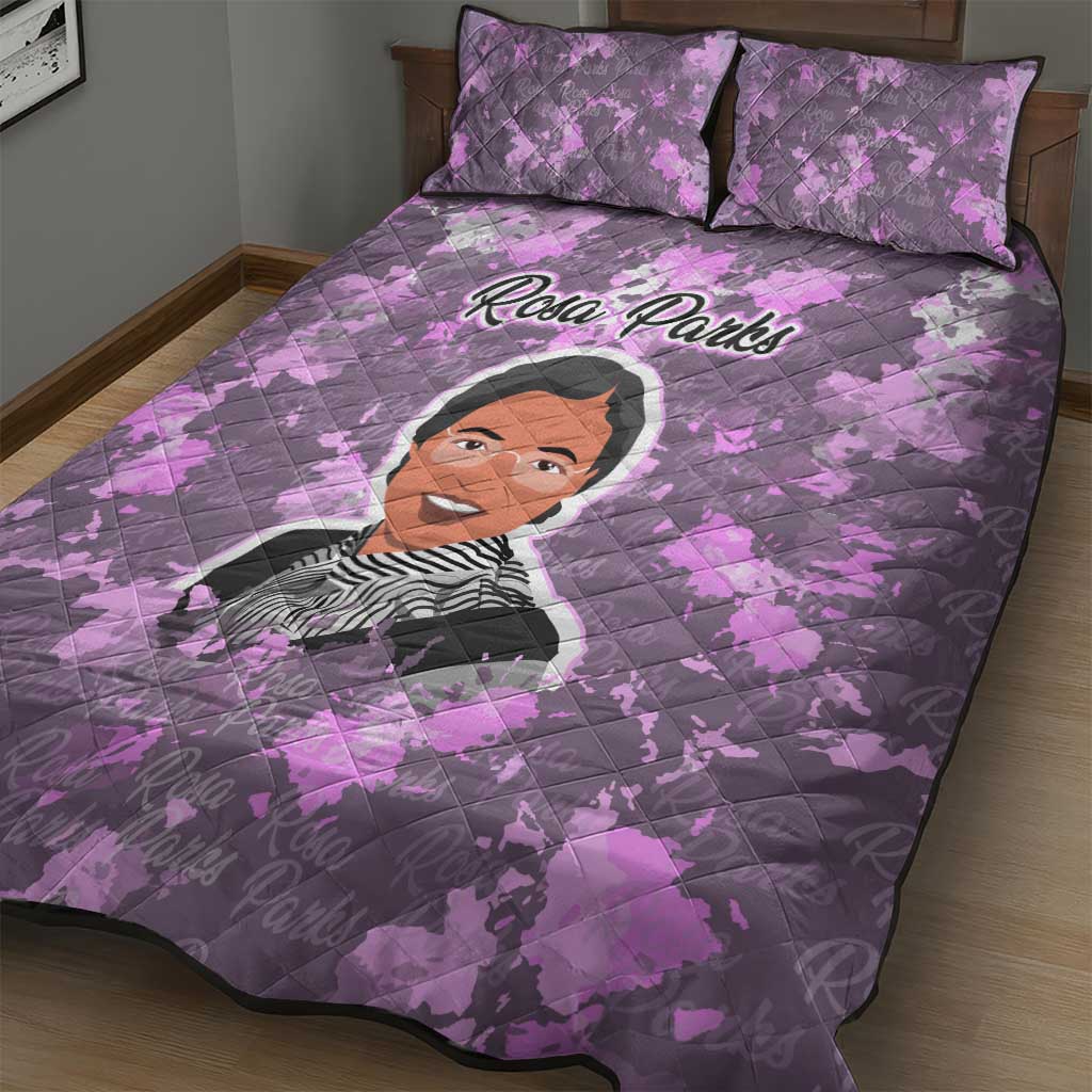Rosa Parks Quilt Bed Set Purple Floral Pattern Civil Rights Tribute Bold Name Repeated Text Design - African Pride