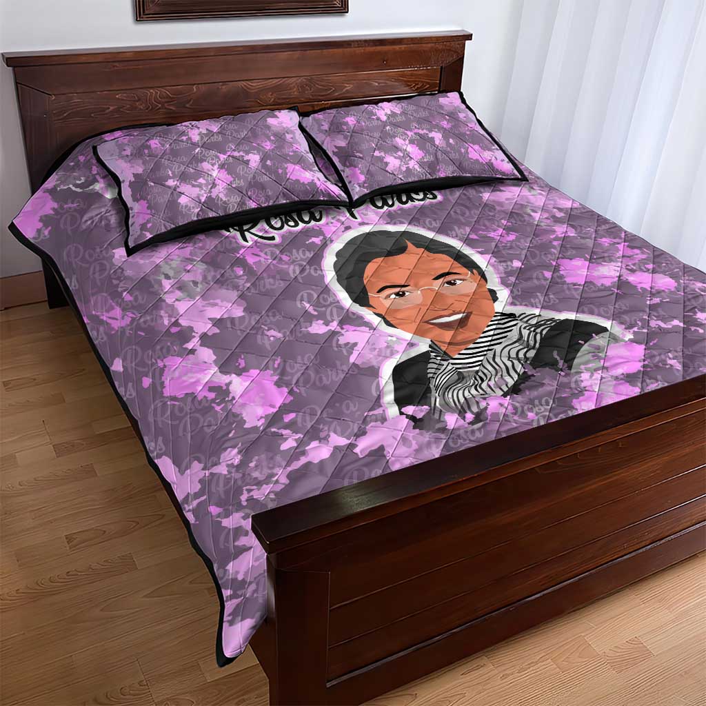 Rosa Parks Quilt Bed Set Purple Floral Pattern Civil Rights Tribute Bold Name Repeated Text Design - African Pride
