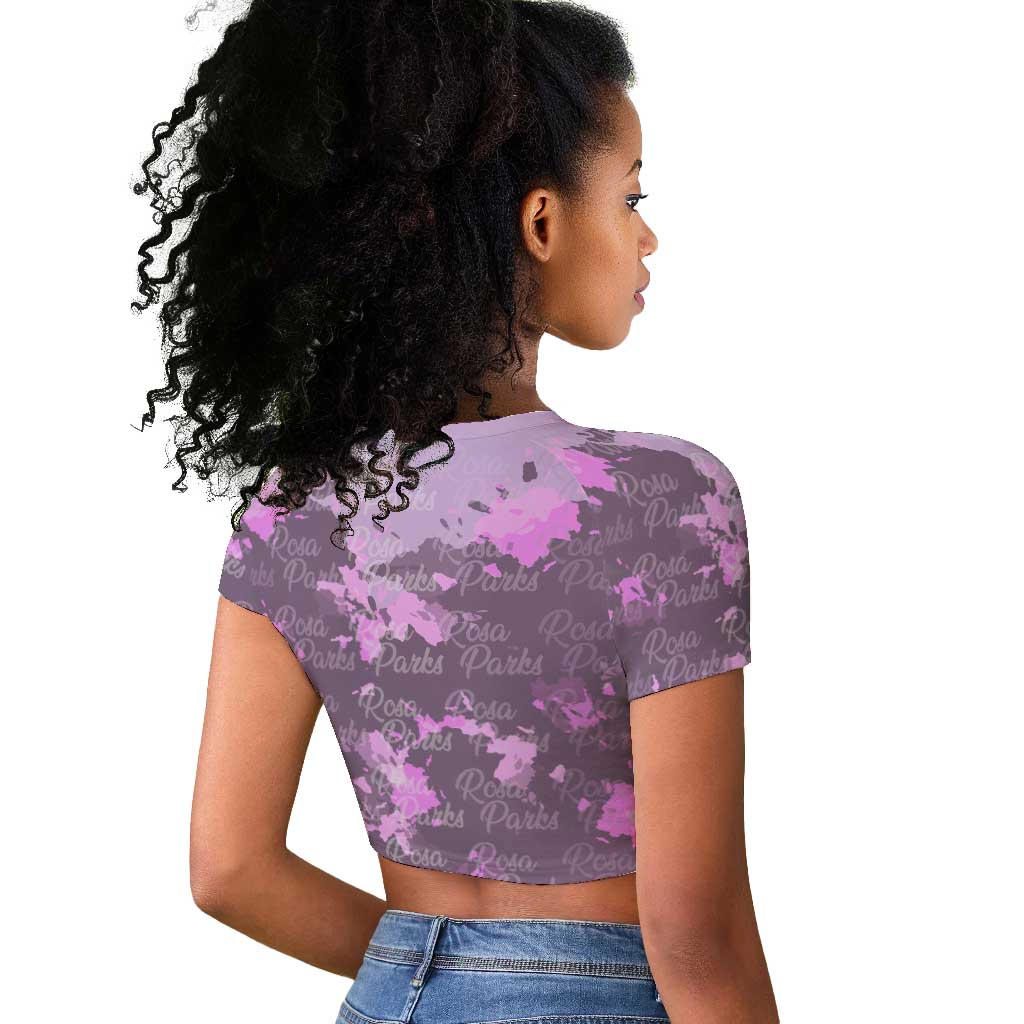 Rosa Parks Raglan Cropped T shirt Purple Floral Pattern Civil Rights Tribute Bold Name Repeated Text Design TS04