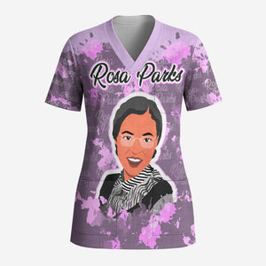 Rosa Parks Scrub Top Purple Floral Pattern Civil Rights Tribute Bold Name Repeated Text Design - African Pride