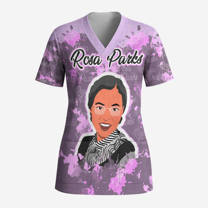Rosa Parks Scrub Top Purple Floral Pattern Civil Rights Tribute Bold Name Repeated Text Design - African Pride