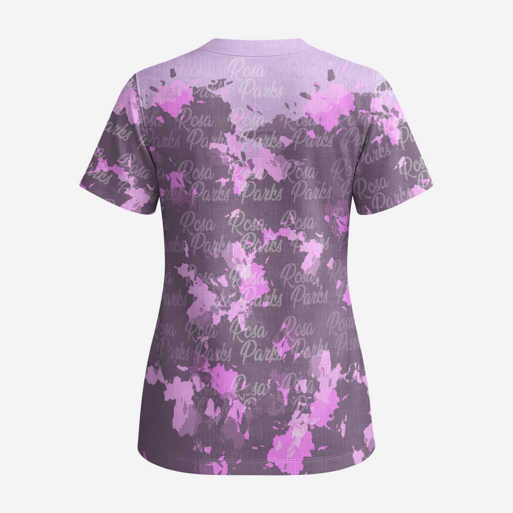Rosa Parks Scrub Top Purple Floral Pattern Civil Rights Tribute Bold Name Repeated Text Design - African Pride