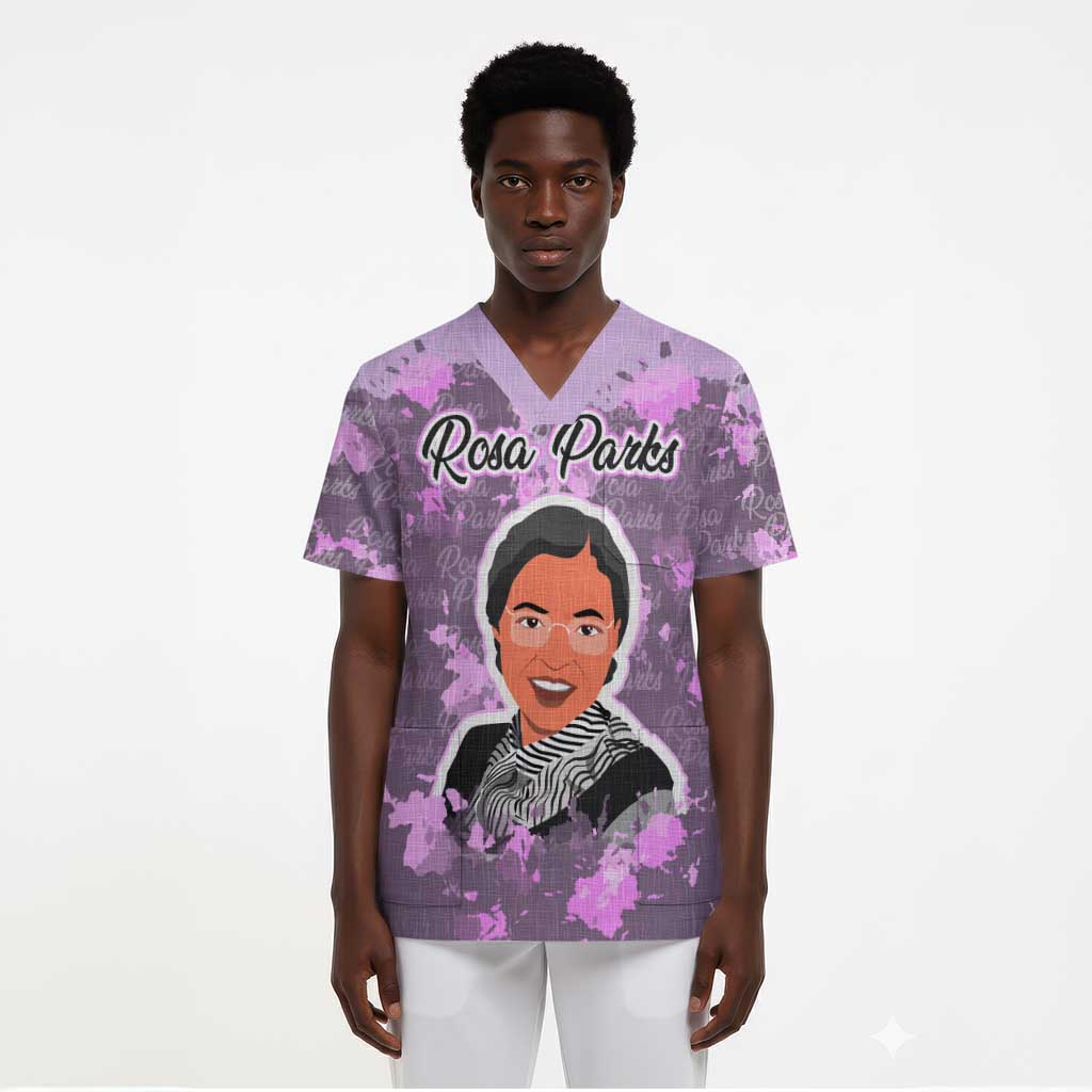 Rosa Parks Scrub Top Purple Floral Pattern Civil Rights Tribute Bold Name Repeated Text Design - African Pride