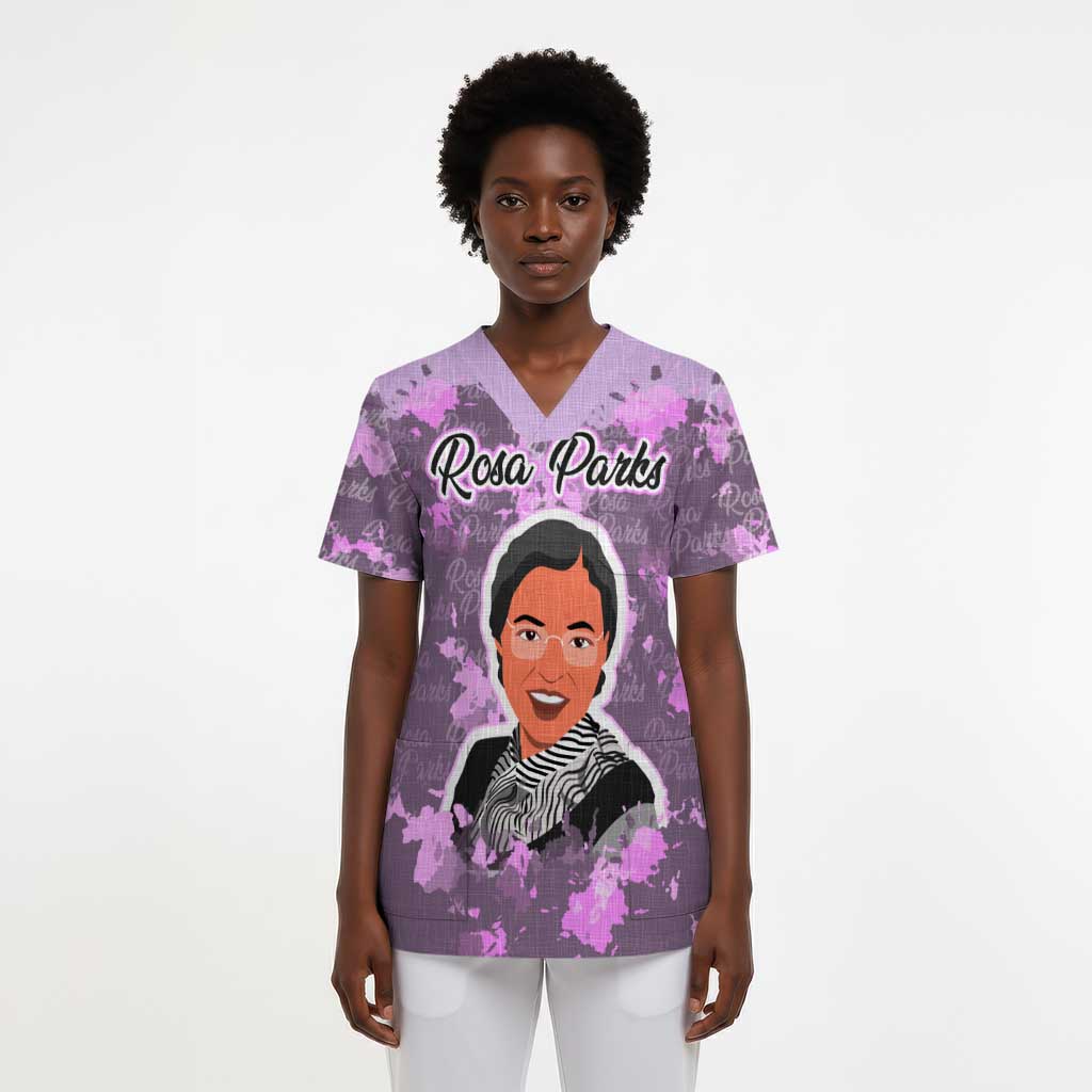 Rosa Parks Scrub Top Purple Floral Pattern Civil Rights Tribute Bold Name Repeated Text Design - African Pride